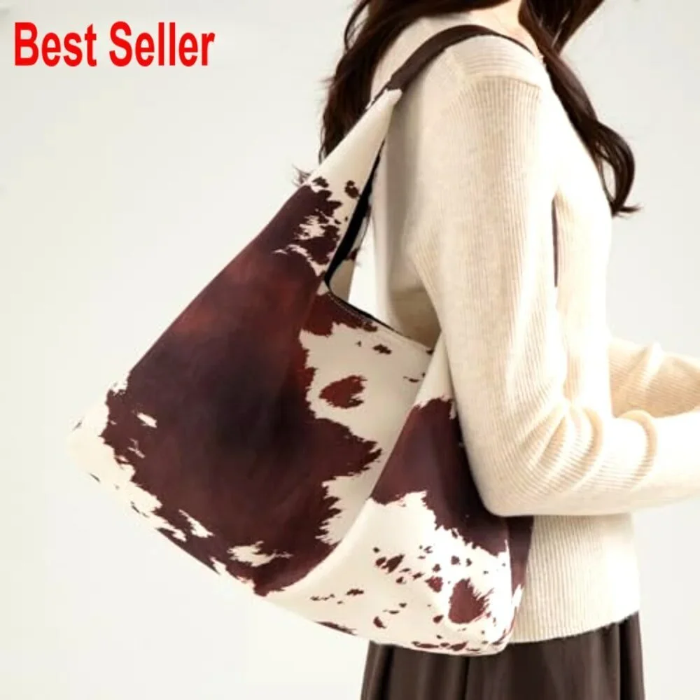 Suede Brown Cow Print Hobo Tote Bag Large Capacity